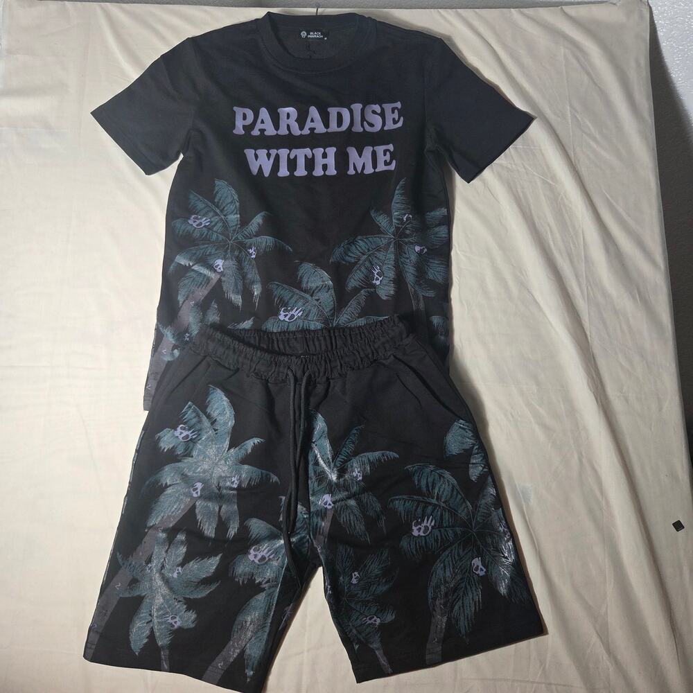 Black Pharaoh Mens M NWT 2pc Set Paradise With Me Tee Palm Skull Shorts